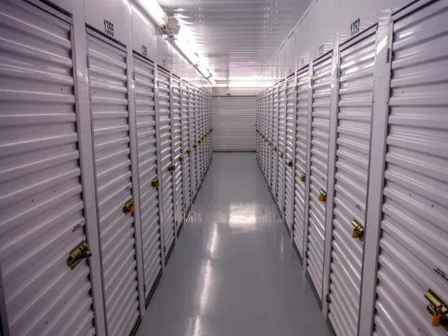 View of hallway and indoor storage units at American Flag Storage Reilly Road.