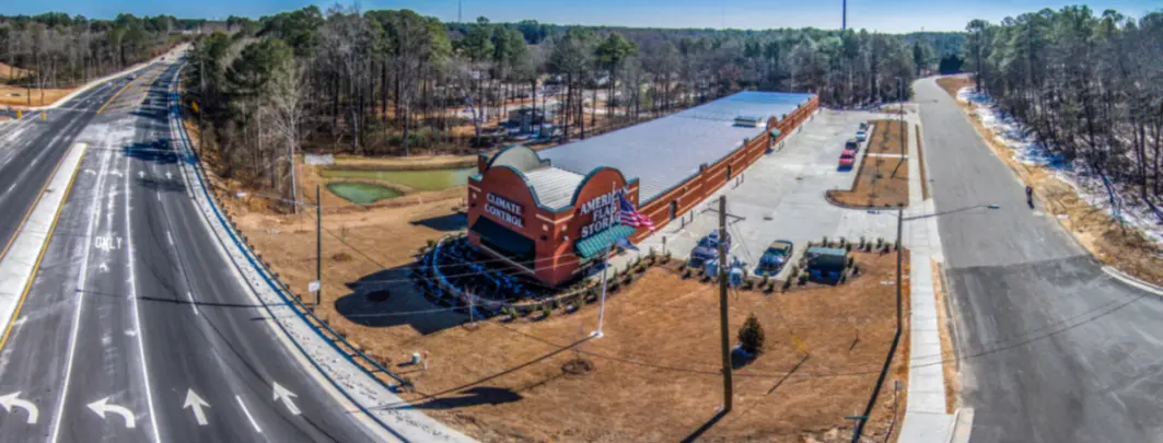Aerial sky view and street view of American Flag Storage Reilly Road.