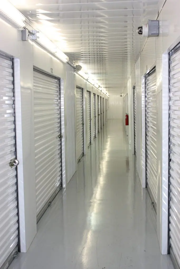 View of hallway of indoor storage units at American Flag Storage Reilly Road.