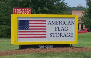 View of signage of American Flag Storage Southpark.